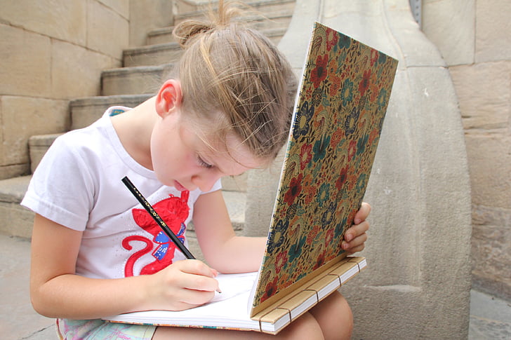 drawing, draw, girl, ladder, pencil, stone, address book