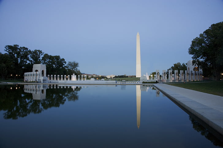 Washington spomenik, Washington dc, Nacionalni centar, reflektirajući bazen, Sjedinjene Američke Države, reper, sumrak