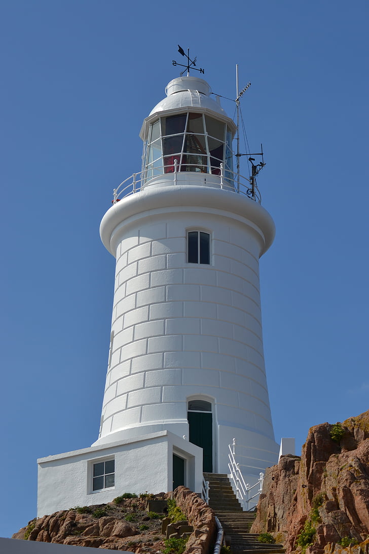 lighthouse, white, blue sky, rock, close-up, concrete block tower, la corbière