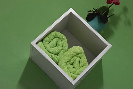 serviettes de bain, vert, boîte de
