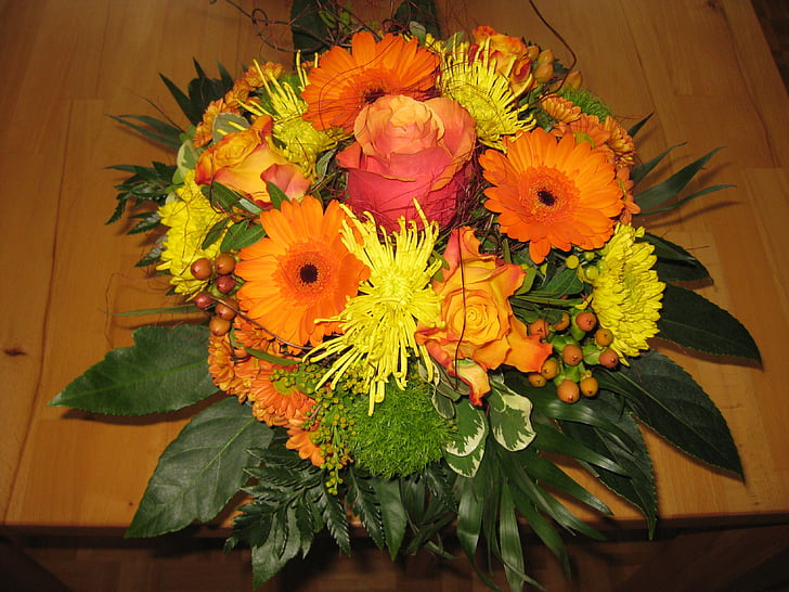 kukat, Strauss, kimppu, Kaunis, oranssi, vihreä, kukkakimpun