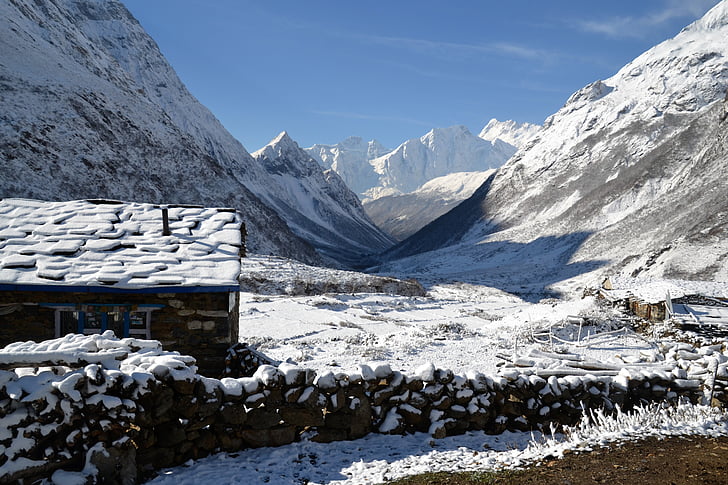 krajobraz, śnieg, Nepal, góry, Hut, zimowe, zimno
