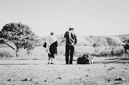 mother and son, field, nature, peasants, travel, road, elderly woman