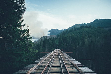 brown, wooden, train, rail, near, green, mountain