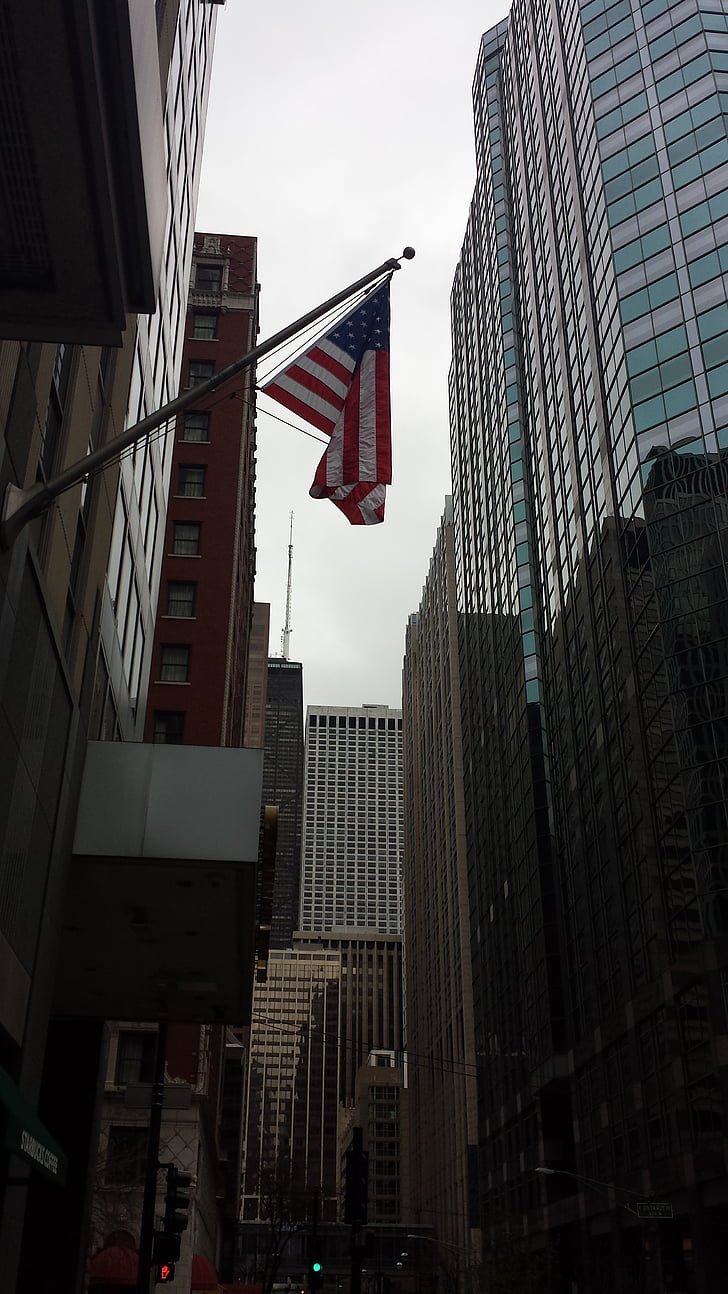 stars and stripes, chicago, illinois, building, downtown, city centre, city