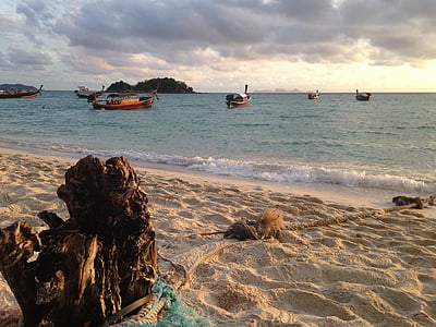 thailand, koh lipe, beach, sunrise, thai fishing boat, island, seascape