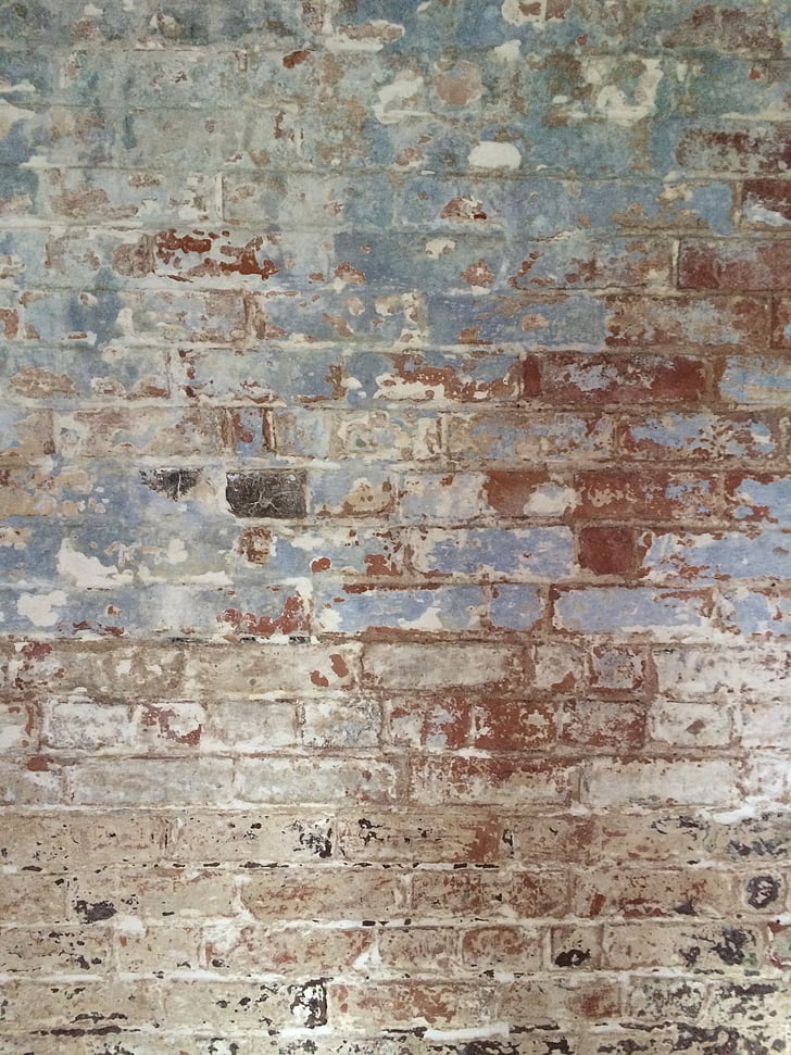 old, paint, wall, flaking, blue, red, brick