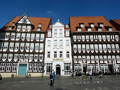 Hildesheim Tyskland, Niedersachsen, historiskt sett, gamla stan, fasad, truss, Fachwerkhaus