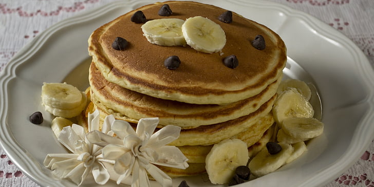 pancakes, banana, chocolate, chocolate chips, food, plate, delicious