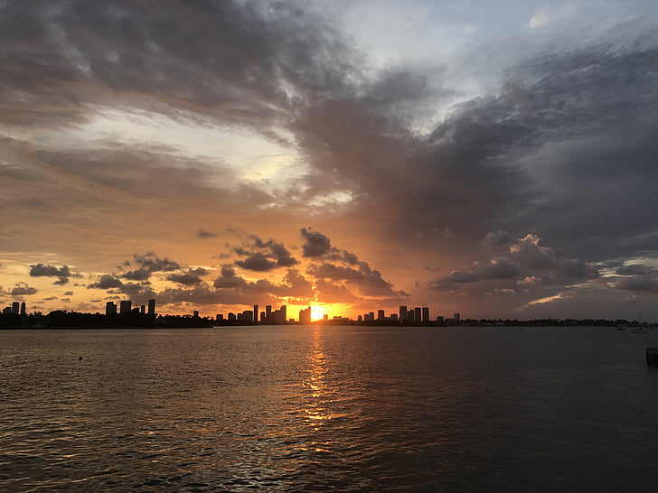 Miami, Brickell, Bay, západ slnka, Downtown, mesto, Florida