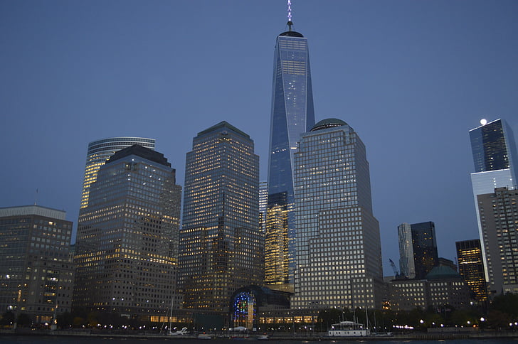 Nowy Jork, one world trade Centre, 1 wtc, Wieczorem, new york city, Skyline, ciemne