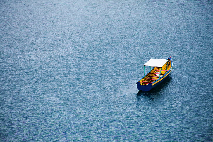 blue, boat, lonely, nature, ocean, sea, water