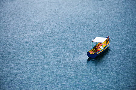 azul, barco, solitário, natureza, oceano, mar, água