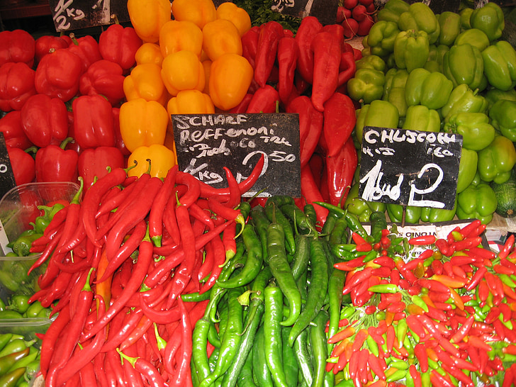paprikos, rinkos, daržovės, maisto, Raudonieji pipirai, žaliosios paprikos, mityba