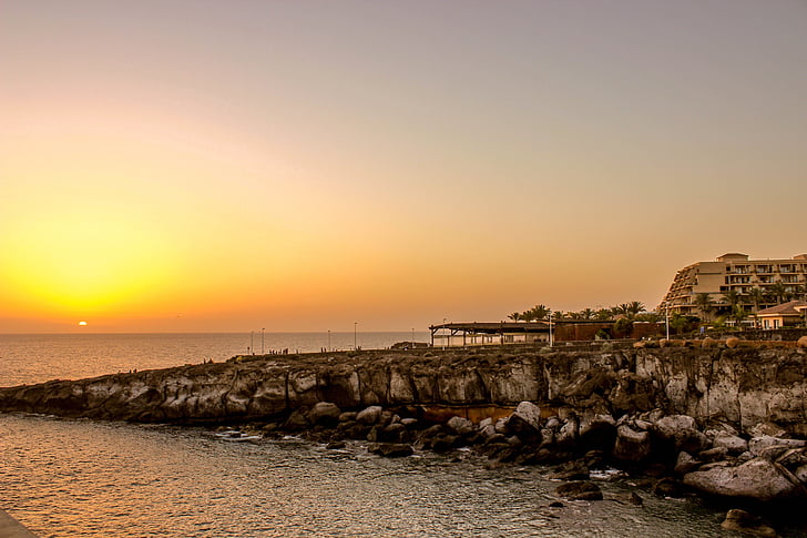 sunset, rock, sea, water, nature, evening