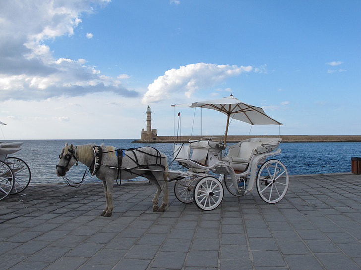 coach, horse, horse drawn carriage, wagon, lighthouse, sea, blue