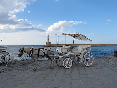 coach, horse, horse drawn carriage, wagon, lighthouse, sea, blue