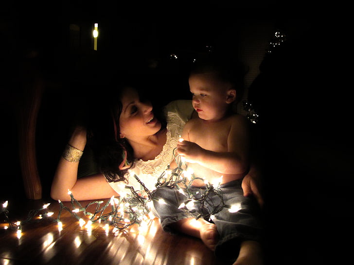 jeune fille, garçon, mère, fils, famille, lumières, Christmas