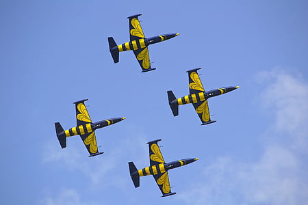 quattro, giallo, nero, Jet, aerei, aeromobili, esposizione di aria