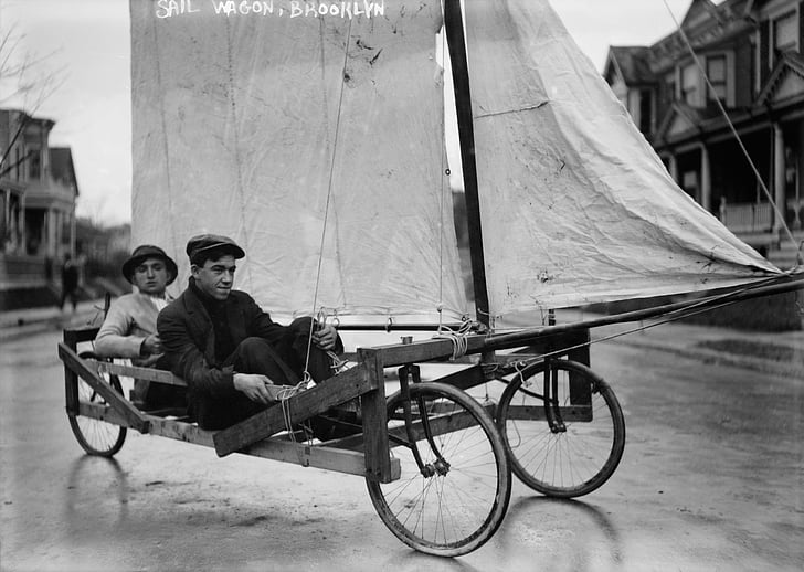 soapbox, wind wagon, land sailing, sail wagon, sail, black and white, 1910