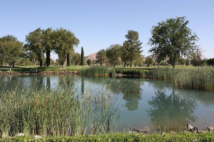 Golfplatz, Landschaft, Teich, Dürre