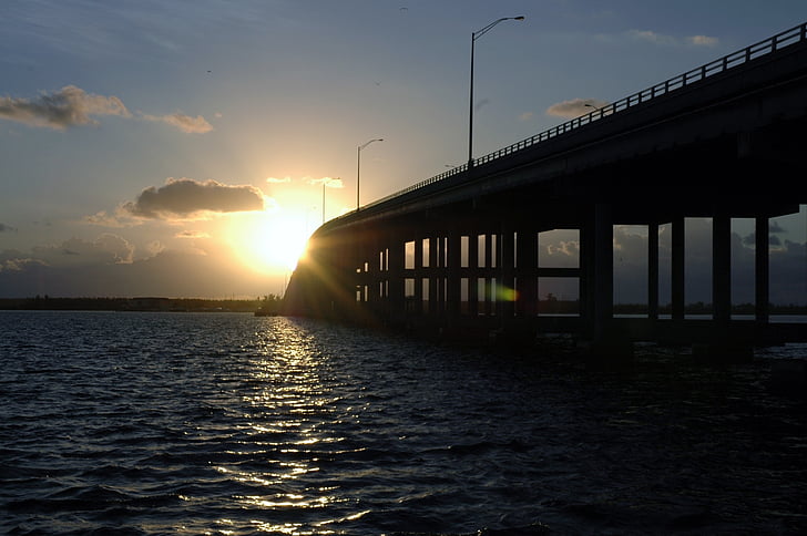 Bridge, Key biscayne, soloppgang, Florida, Miami, Bay, sjøen