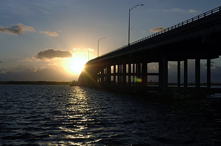 мост, ключови biscayne, изгрев, Флорида, Маями, Бей, море