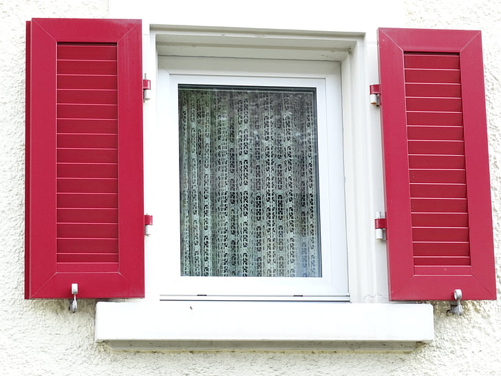 finestra, Persianes, vermell, blanc, cortines, casa, façana