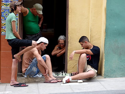 scacchi, Via, marciapiede, giovani, uomini, L'Avana, gioco