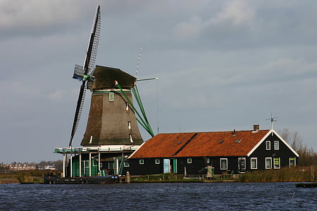 オランダ, ミル, 風景, 風車, 冬の風景, 水, 生態学的