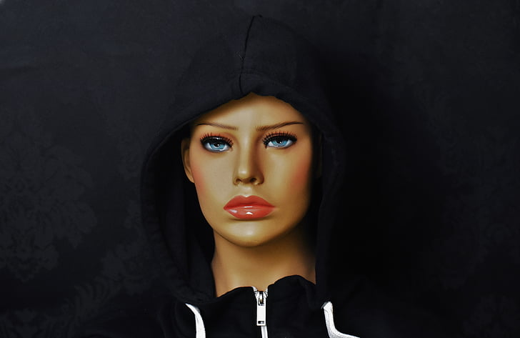 woman, attractive, model, mysterious, blue eye, hood, display dummy