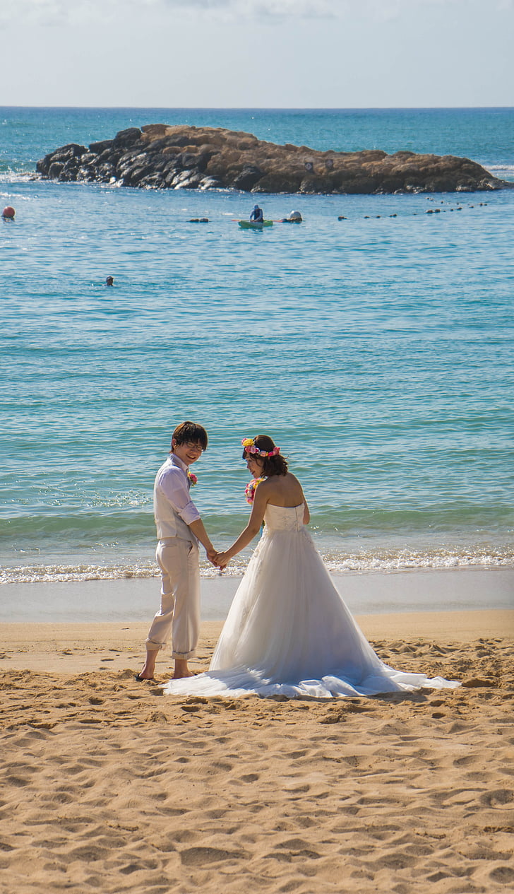 kāzas, Hawaii, pludmale, līgava, līgavainis, mīlu, romantisks