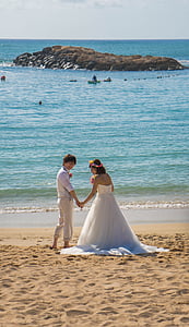 婚礼, 夏威夷, 海滩, 新娘, 新郎, 爱, 浪漫