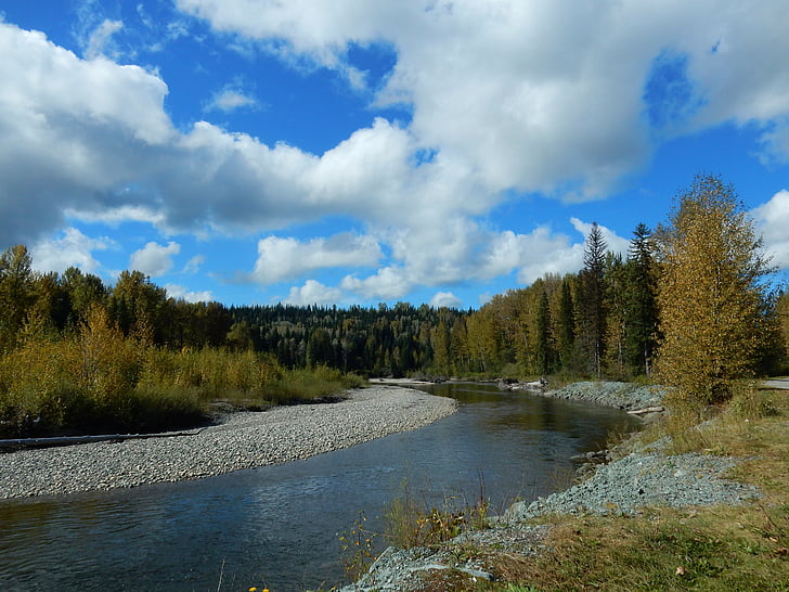 Râul Fraser, Râul, Canada, British Columbia, peisaj, albia râului, cer