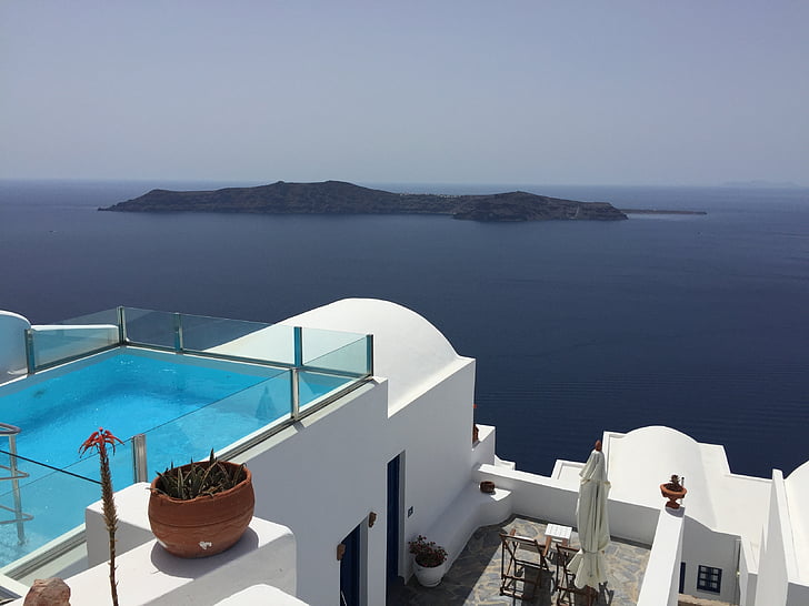 Santorini, hav, øya, Hotel, hvit bygning, Hellas, gresk øy
