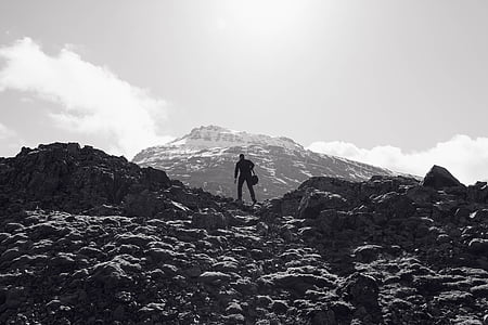 grayscalephoto, silhouette, man, mountain, mountain man, only men, one man only
