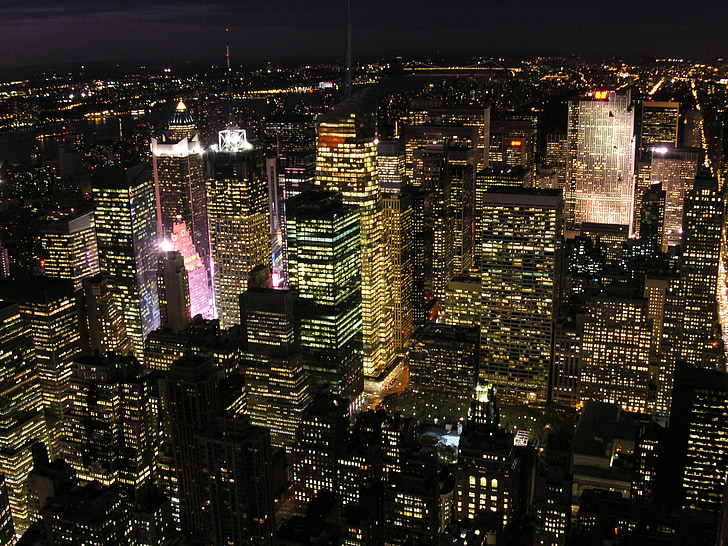 New york, Manhattan, manzarası, alacakaranlık, Amerika Birleşik Devletleri, gökdelen, şehir merkezinde