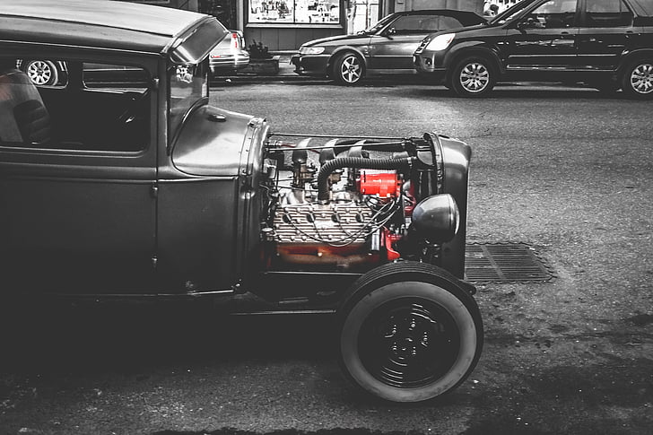 car, classic, vintage, engine, street, road, black and white