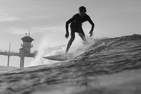 black, white, guy, man, surfing, black and white, sport