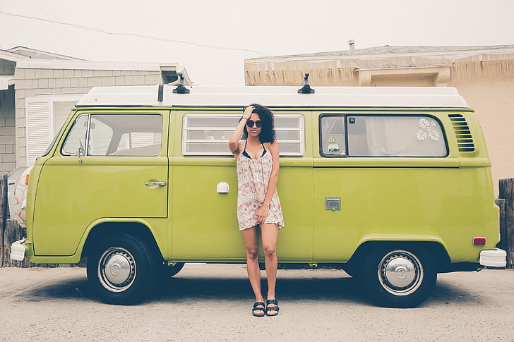 classic, female, model, person, vehicle, volkswagen, woman