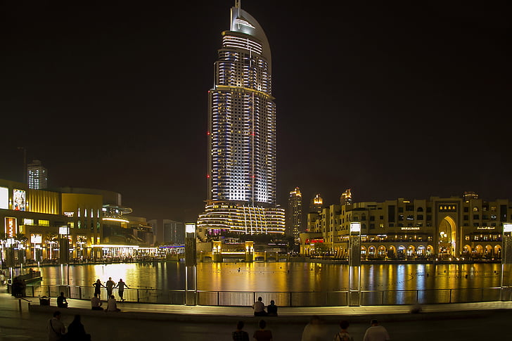Dubai, 5, à noite, edifício, arquitetura, iluminado, exterior do prédio, estrutura construída