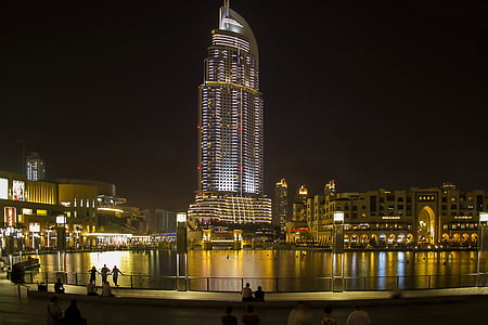 Dubai 5, éjszaka, épület, építészet, világító, épület külső, beépített szerkezet
