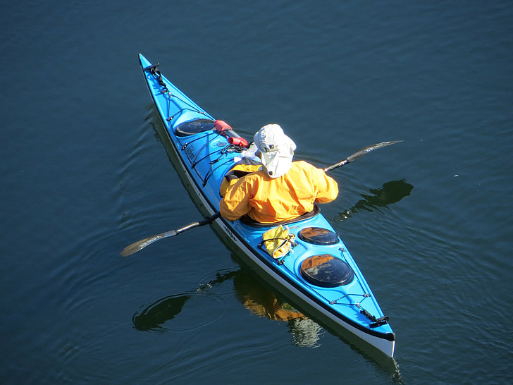 kayak, kayaking, kayaker, water, blue, river, paddle