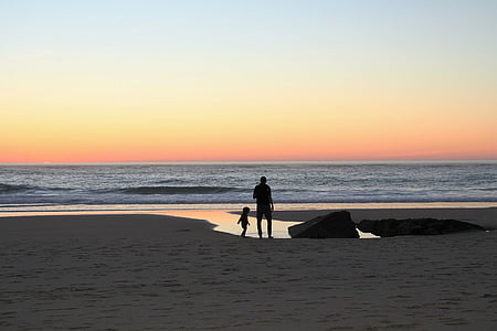 solnedgang, far, stranden, familie, barn, familien på stranden, kveld