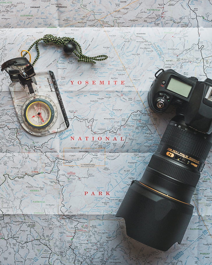 kamera, kompasas, tirti, rekomendacijos, objektyvas, žemėlapyje, kelionės