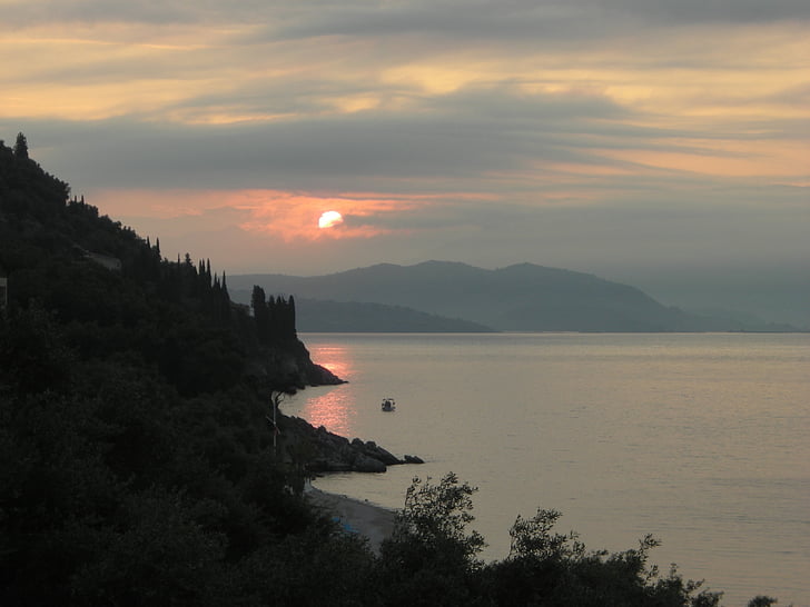 zonsopgang, zee, oever, Corfu, Griekenland