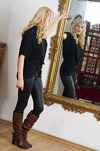 spegel, kvinna, blondin, reflektion, person, tittar just nu, attraktiva