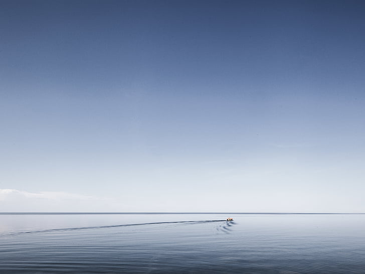 person, riding, boat, calm, water, daytime, ocean