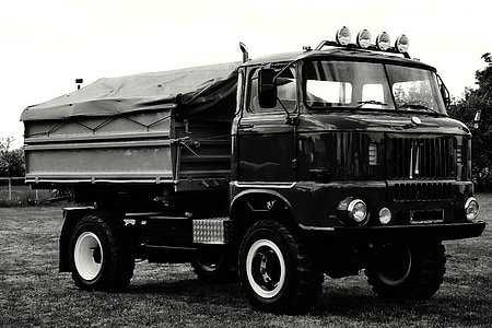 lastebil, historisk, DDR, IFA, W50, delt Tyskland, svart-hvitt
