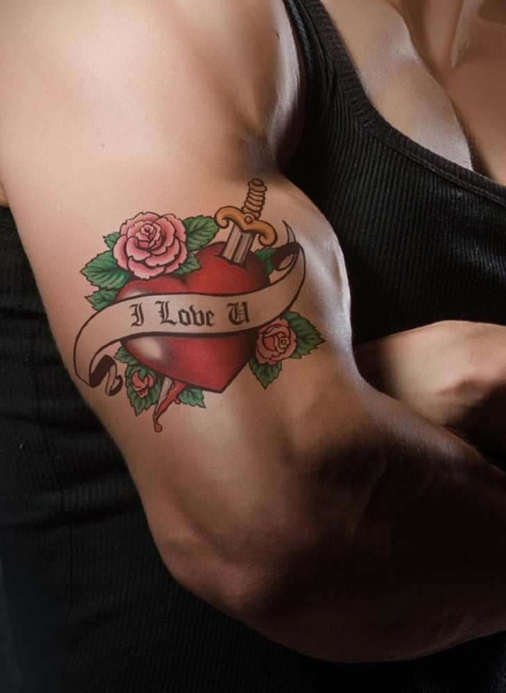 červená, srdce, tetovanie, muž, s, ARM, umenie